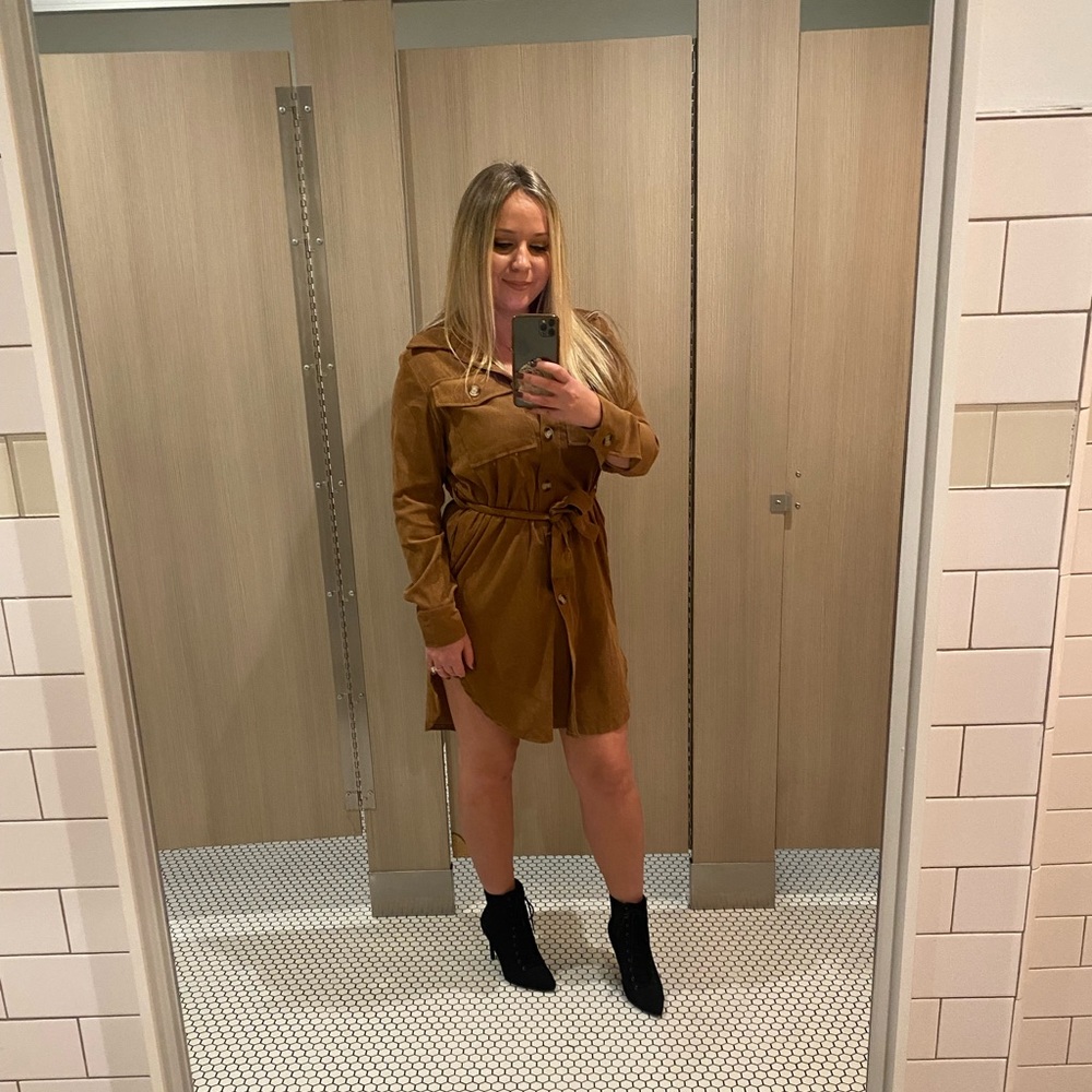 Long sleeve corduroy khaki button up jacket dress, like new- only worn once